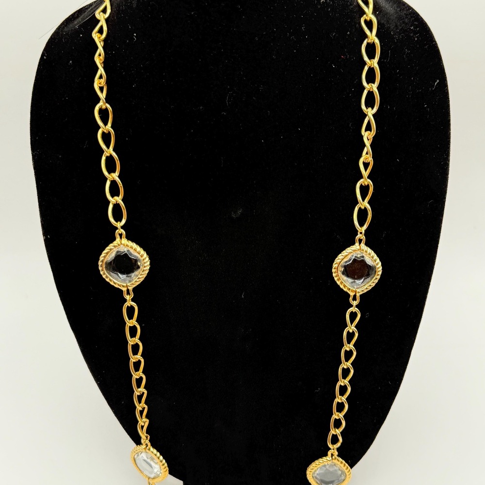Vintage 34" Gold Tone Station Necklace w/ Large Bezel Set Clear Rhinestones